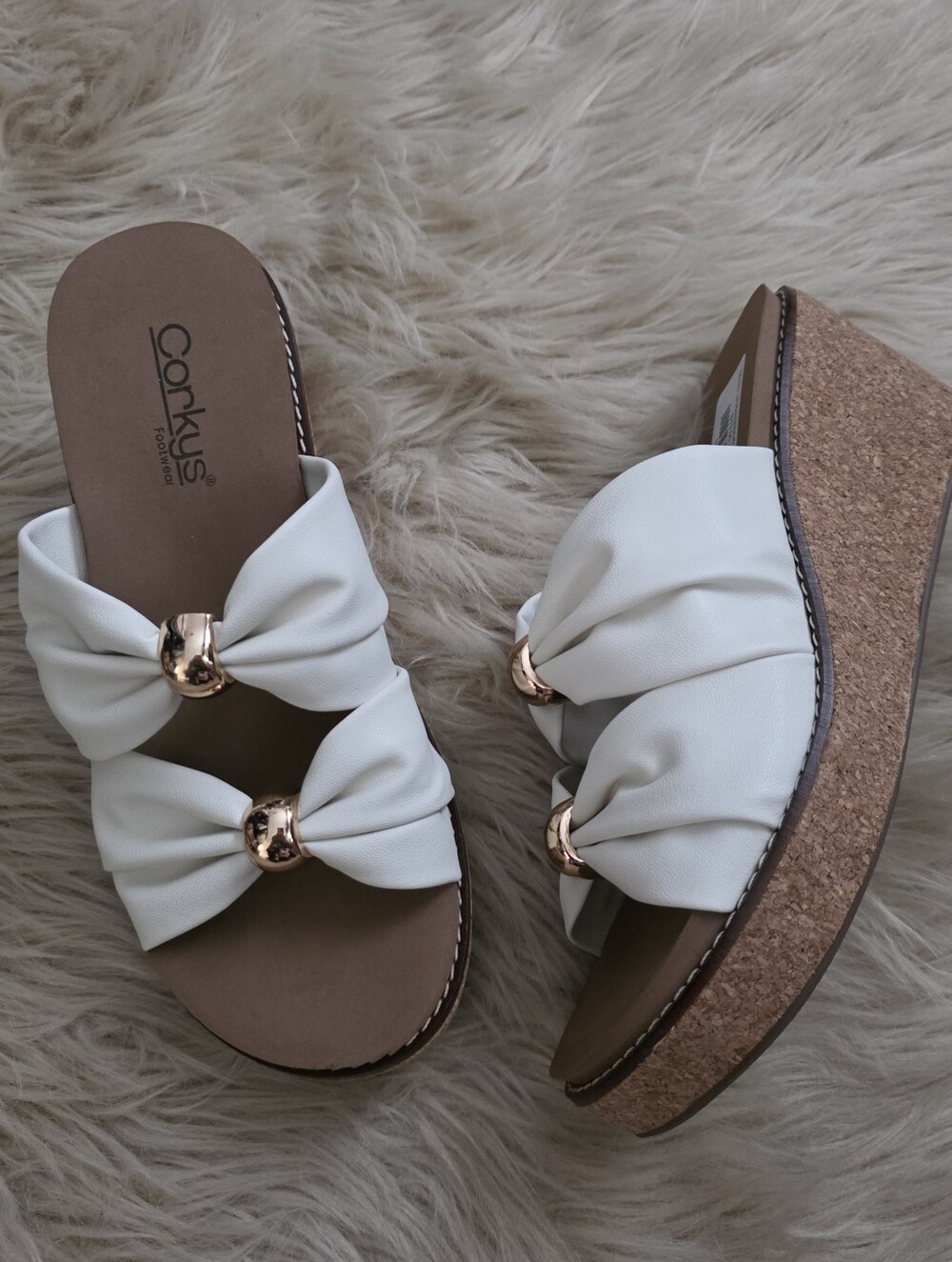 Corkys Footwear Miss Understood Wedge Sandals Women's White With Rose Gold Beads